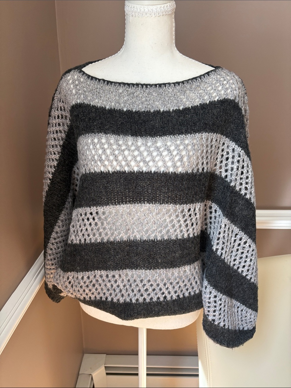 BCBGMaxAzria Open-Knit Off-the-Shoulder Sweater in Light Gray & Charcoal